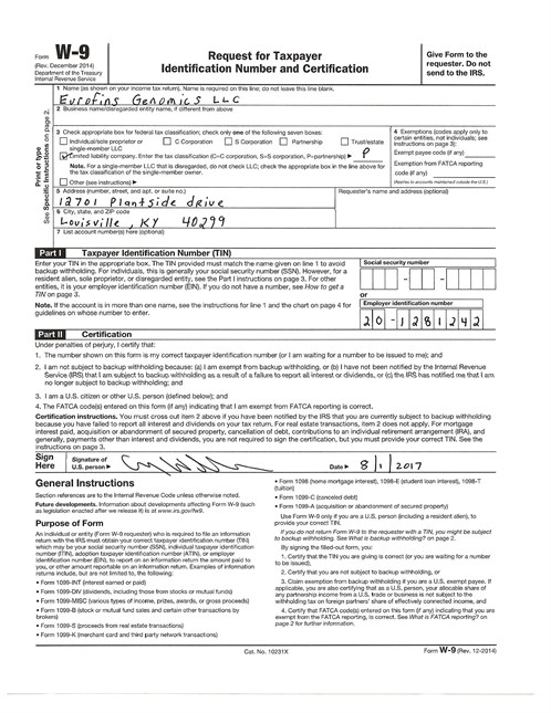 Eurofins Genomics LLC W 9 2017